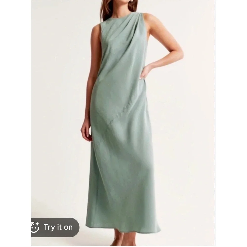Abercrombie & Fitch Womens Sage Green Draped Maxi Dress Sleeveless Satin M